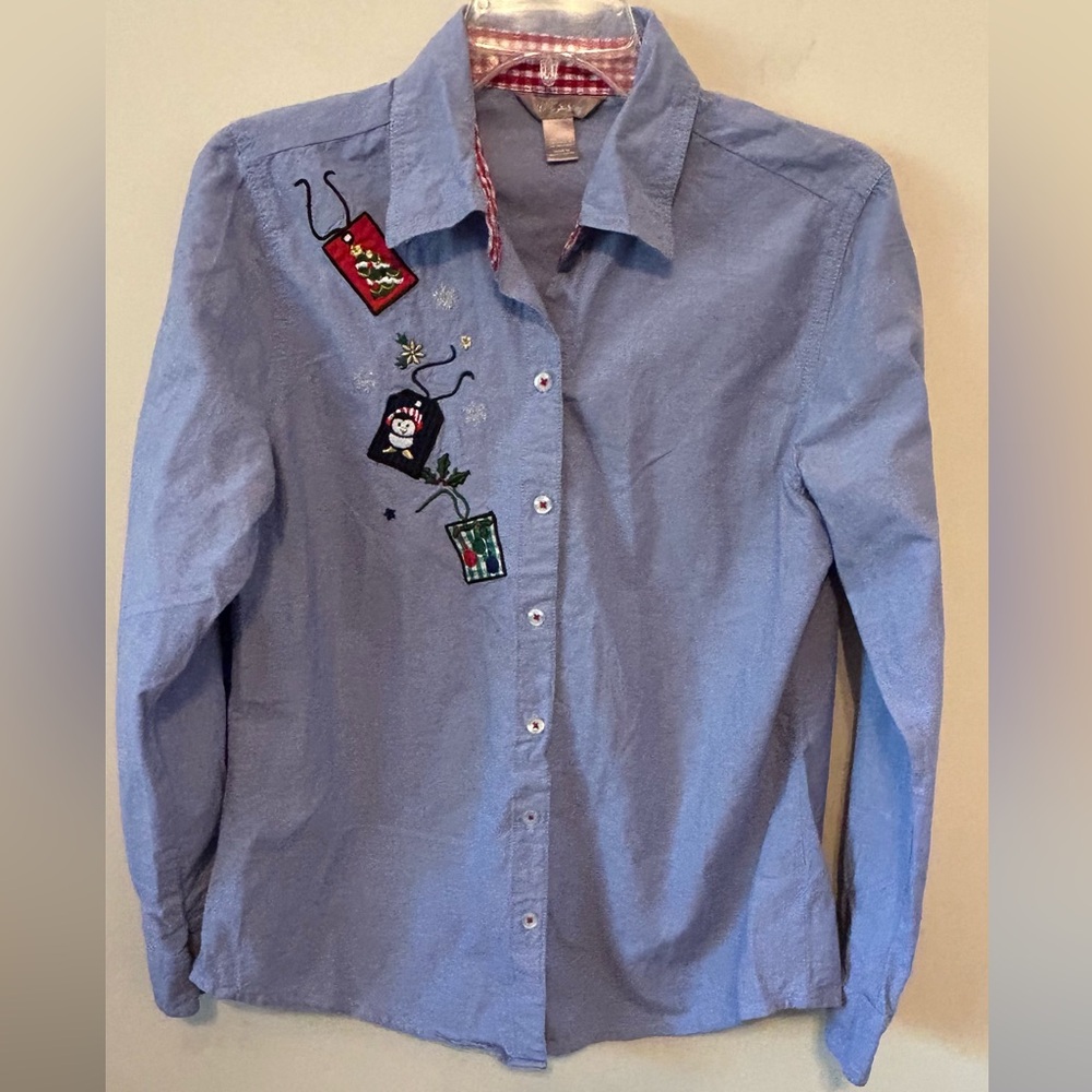 Women's Vtg‎ White Stag Christmas Characters Denim Embroidered Button Up Medium